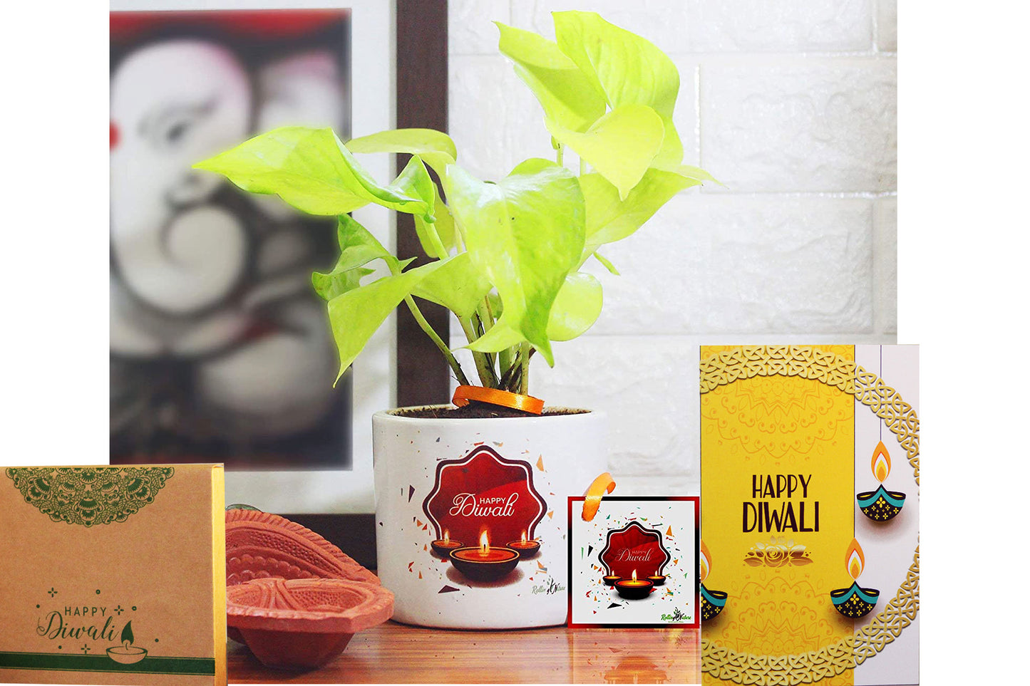 Rolling Nature Diwali Gift Combo of Air Purifying Good Luck Golden Pothos Plant in White Barrel Happy Diwali Divine Ceramic Pot