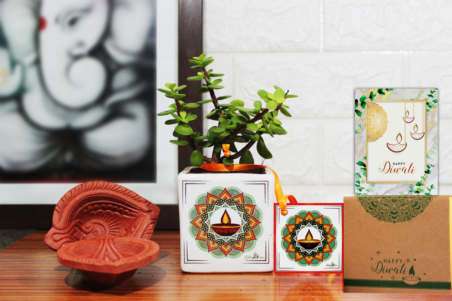 Rolling Nature Good Luck Jade Plant in White Square Mandala Divine Ceramic Pot