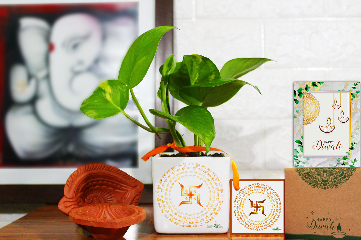 Rolling Nature Air Purifying Good Luck Money Plant in White Square Shubh Labh Divine Ceramic Pot
